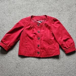 Ann Taylor Barn Red Twill Button-Up Crop Collarless Jacket 3/4 sleeve 4P-Small